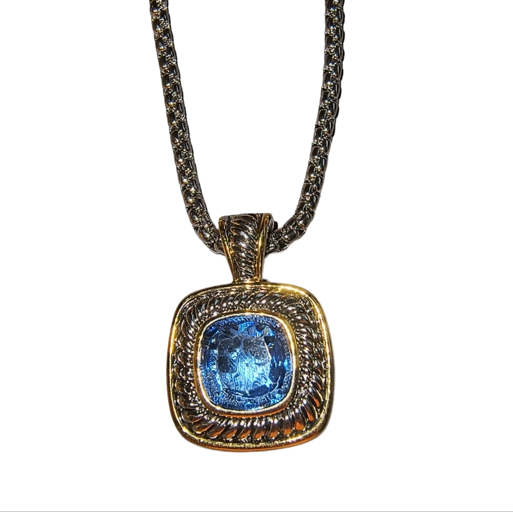Tazza Silver & Gold Tone Halo Necklace With Blue Crystal